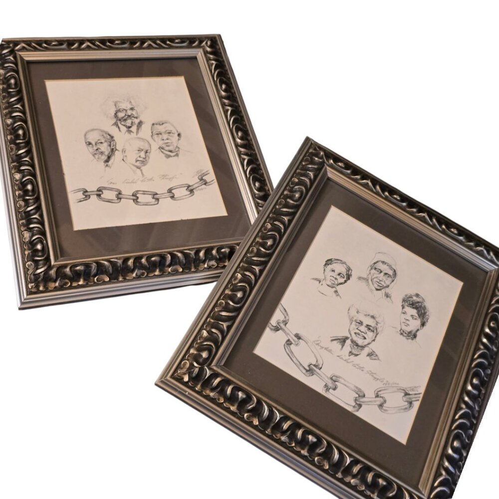 Set of 2 Framed Hand Signed Black History Graphite Drawings by T. Ellis